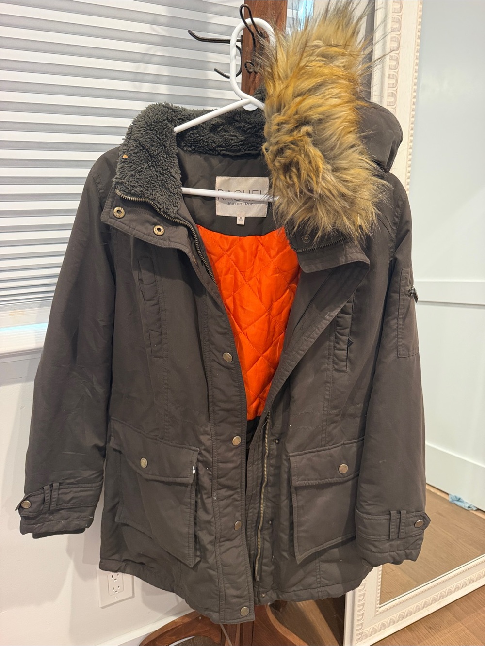 RACHEL Rachel Roy Olive Green Parka with Orange Quilted Lining & Faux-Fur Hood